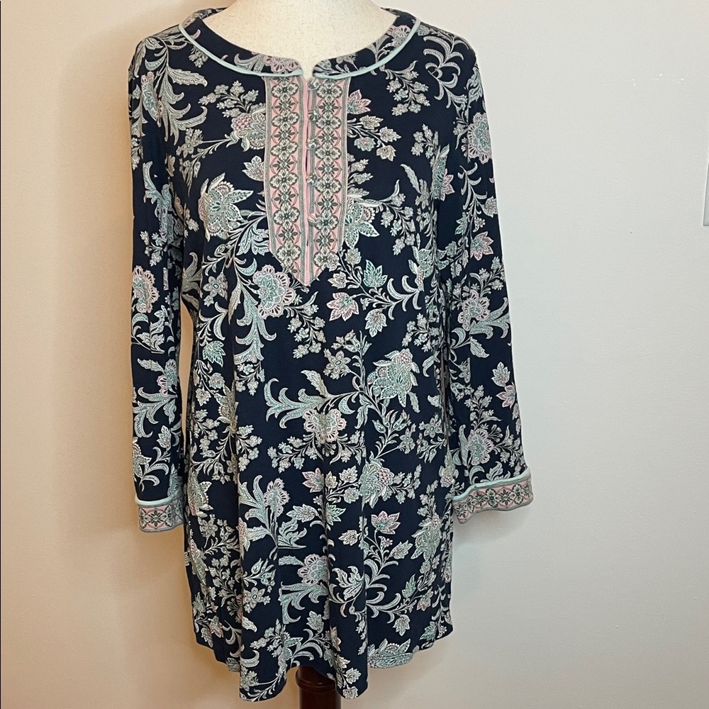 J.Jill Floral Boho Tunic Top Navy Pink Embroidered Detail Size S